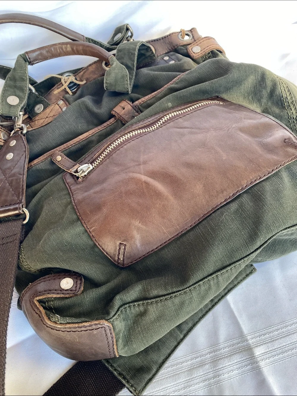 Will Leather Goods Liverpool Olive Green Canvas Messenger Bag Brown Leather Trim